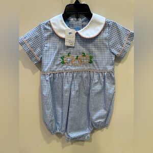 NWT Avanini 24M Boys Blue Gingham Baby Romper with Pumpkin Embroidery